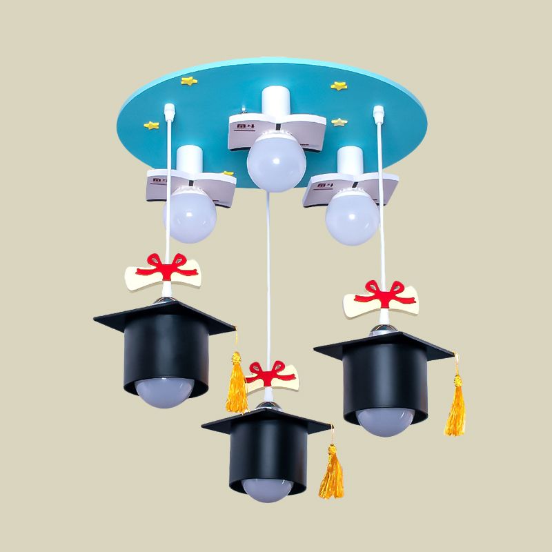 Plafonnier carré en résine à capuchon académique pour enfants, 3 lumières, lampe encastrée bleu clair pour chambre d'enfant