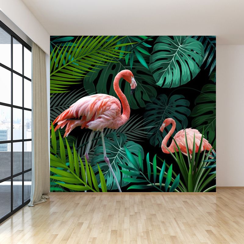Green Botanics Wallpaper Mural Flamingo Tropical Waterproof Wall Decor for Bedroom