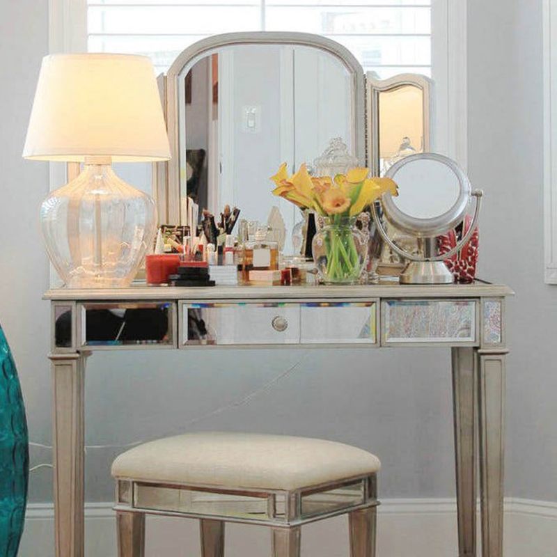 Sliver Vanity Set with 3 Storage Drawers Glass Make-up Vanity, 17.71" Wide