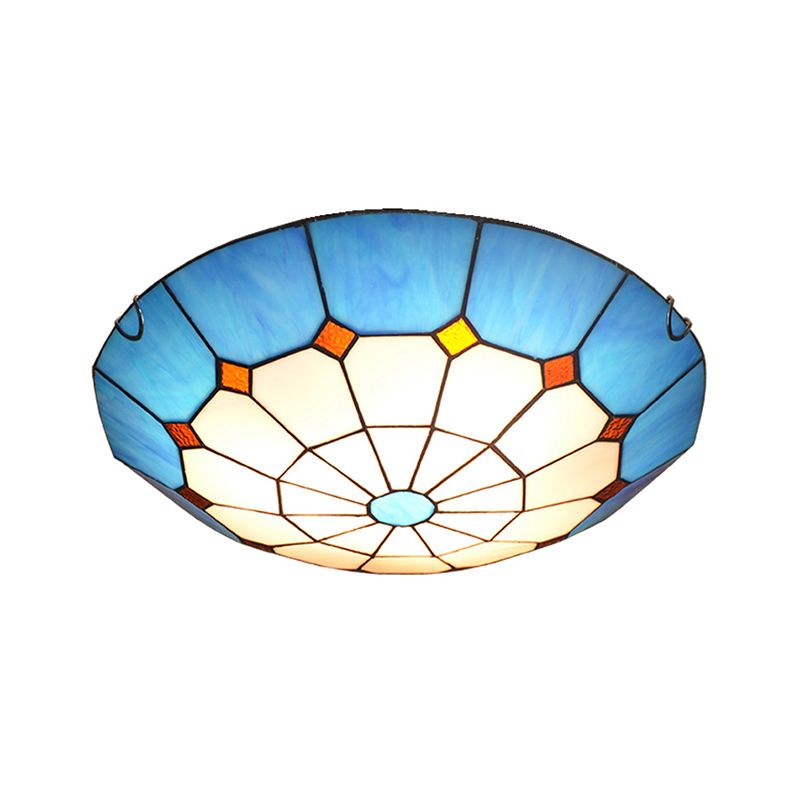 Bowl Flush Mount Lighting Mediterranean Gridded Glass Blue Ceiling Light Flush Mount