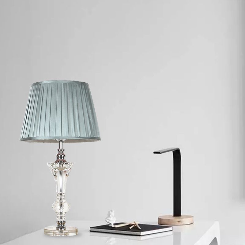Single Head Table Light Countryside Conical Fabric Night Lamp in Pink/Blue/Beige with Clear Crystal Base