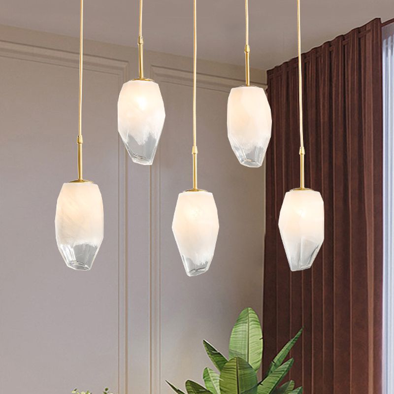 Forma a forma di roccia leggera semplicità vetro bianco smerigliato 1 cilindro a soffitto in ottone sul tavolo da pranzo