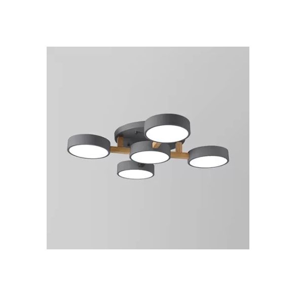 Living Room Drum Ceiling Light Wood Metal 5 Heads Macaron Loft Semi Flush Mount Light