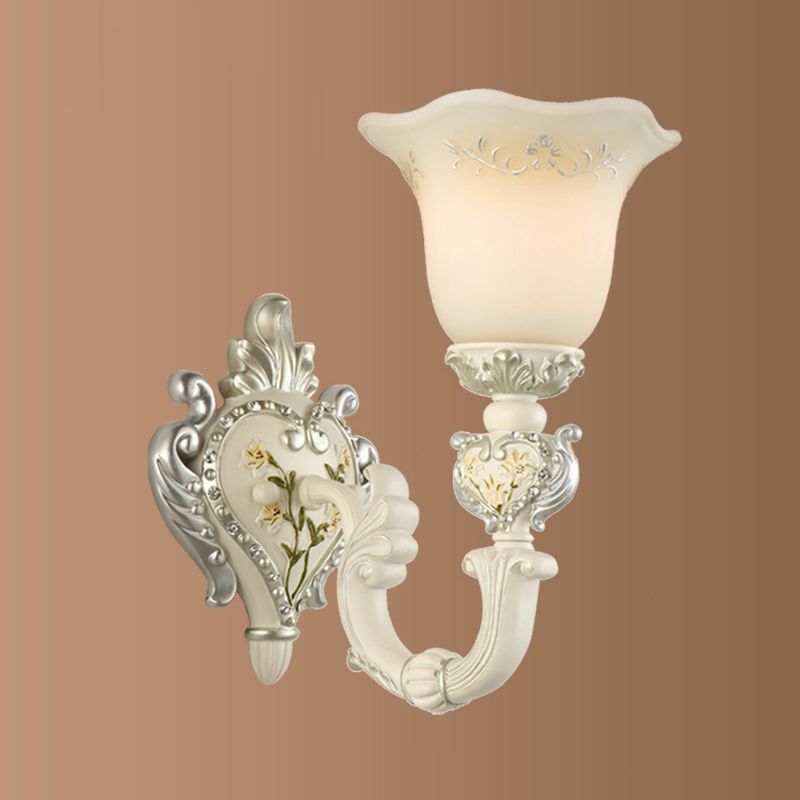 1/2-Head Ivory Glass Wall Sconce Traditional White Bell Shaped Bedroom Wall Light Kit