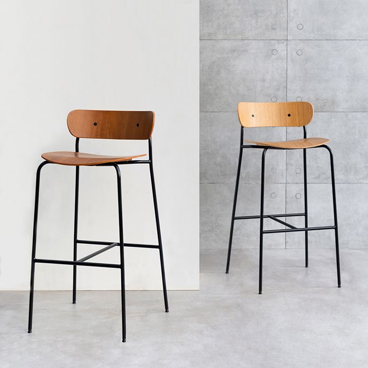 Contemporary Backrest Solid Wood and Metal Counter High Stool with 4 Legs