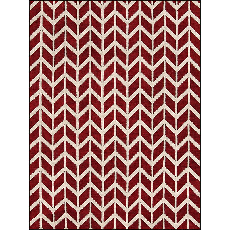Simple Chevron Print Rug Red Polyester Rug Machine Washable Non-Slip Backing Area Rug for Bedroom