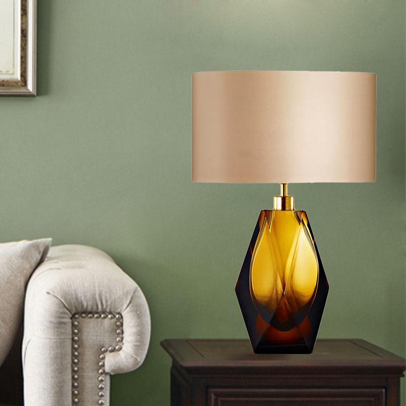 Geometric Amber Colored Glaze Desk Light Modern 1-Light Beige Fabric Night Table Lamp