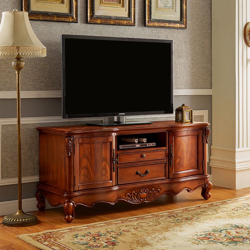 Brown Traditional Style TV Cabinet Rubber Wood and Birch Wood TV Stand