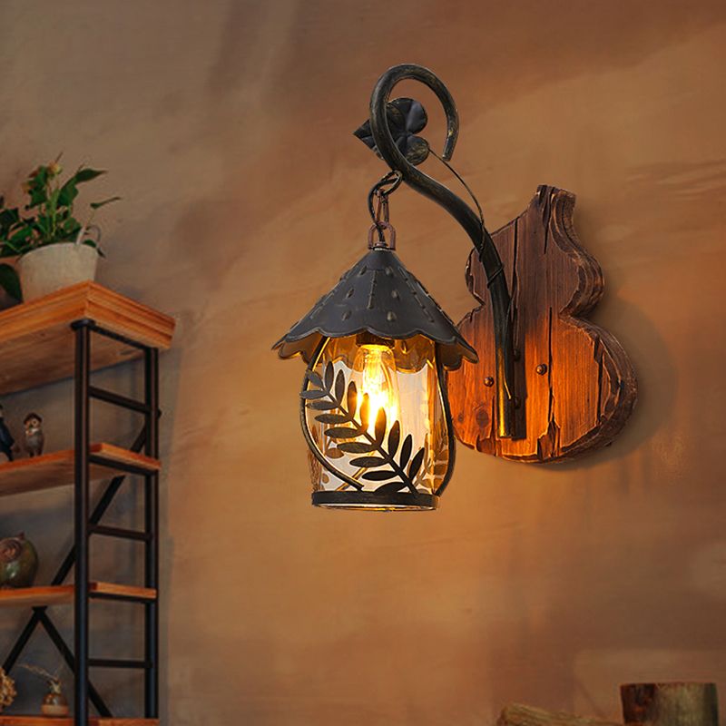 House Clear Glass Wall Mounted Light Farmhouse 1 Light Corridor Leaf Wall Lighting Ideas in Brown with Wood Backplate