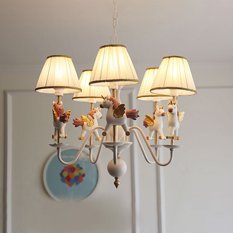 Kids White Pendant Light Unicorn 5 Bulbs Metal Chandelier with Fabric Shade for Girls Bedroom