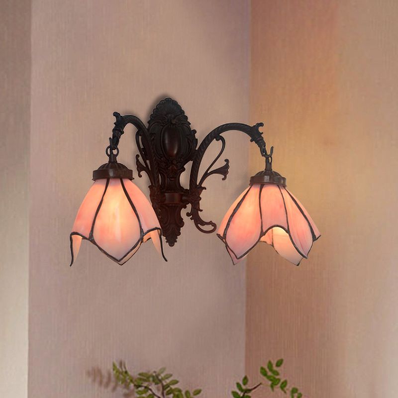 White/Pink Glass Copper Wall Light Sconce Lotus 2 Bulbs Victorian Wall Mount Lamp with Curved Arm