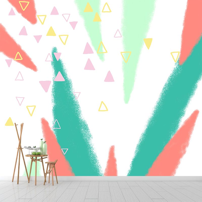 Geometry Cone and Triangle Mural Childrens Art Non-Woven Cloth Wall Covering in Green