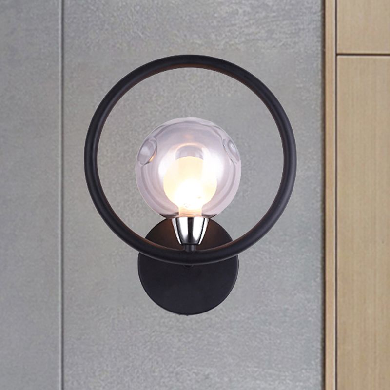 Black/White Ring Wall Light Sconce Modern Stylish 1 Bulb Metal Wall Lamp with Glass Ball Shade