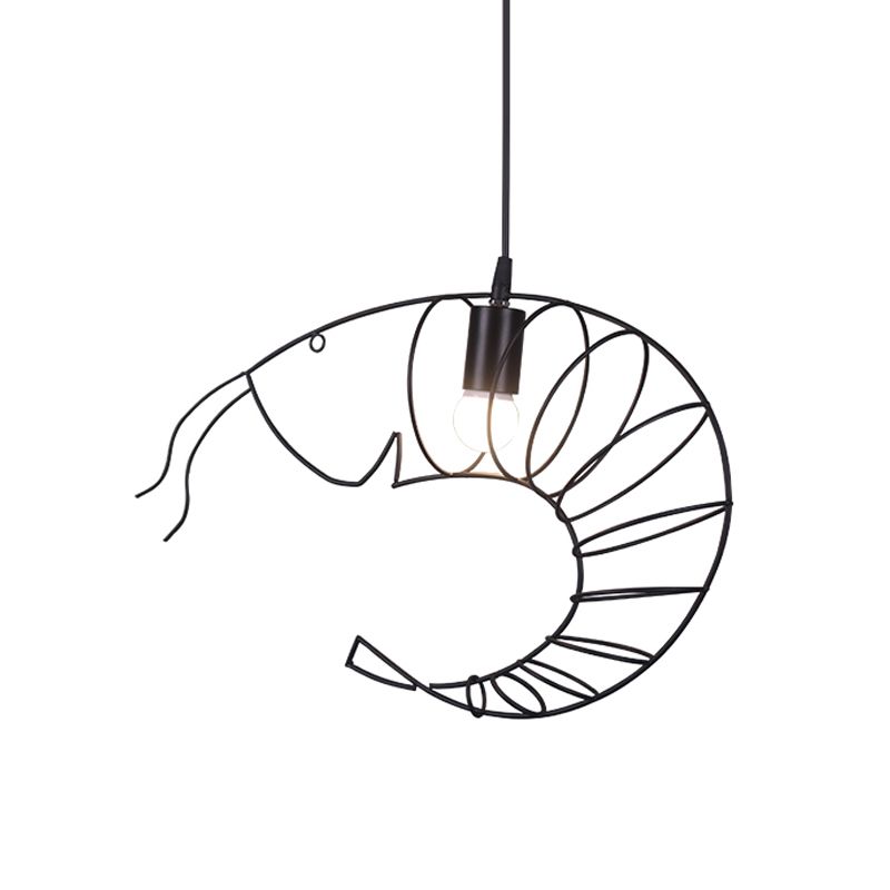 1 Light Metal Hanging Lamp Retro Stylish Black/Red/White Shrimp Dining Room Pendant Light with Wire Guard