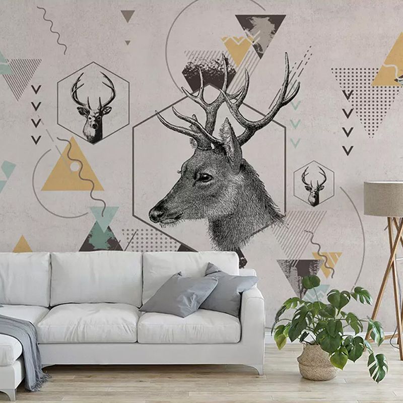 Wild Deer and Geometries Mural for Home Decor Contemporary Wall Art, Personalized Size Available