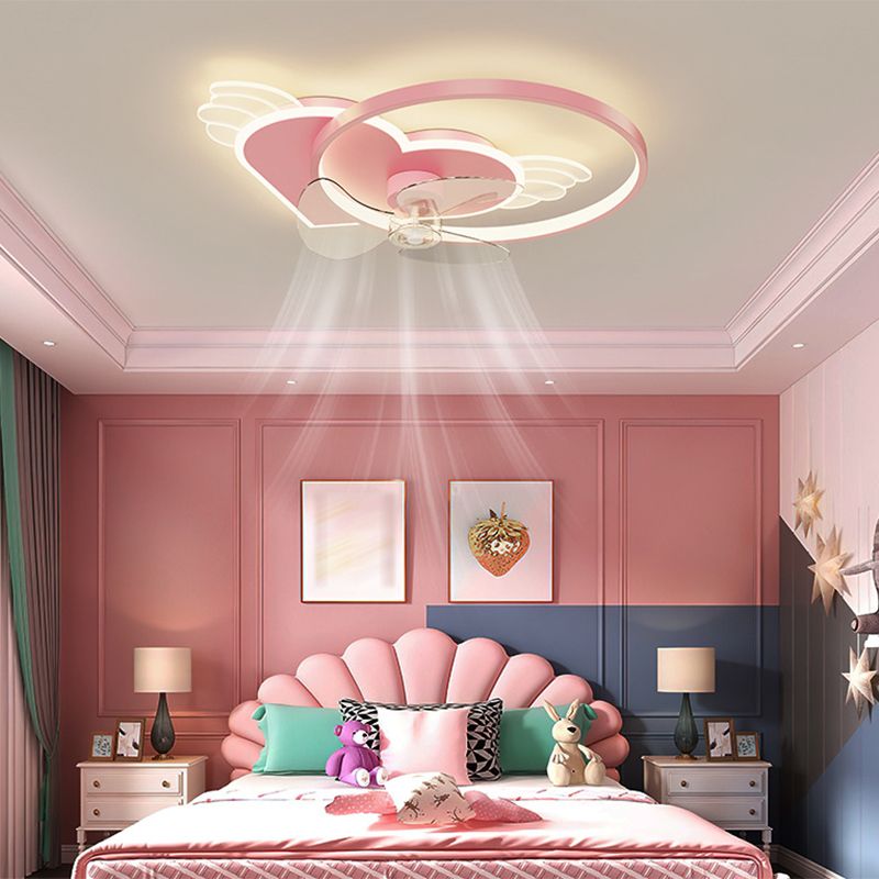 Corazón rosa y anillo Ventilador de techo Cartoon LED Metal Semi Flush Lighting para niños Rala