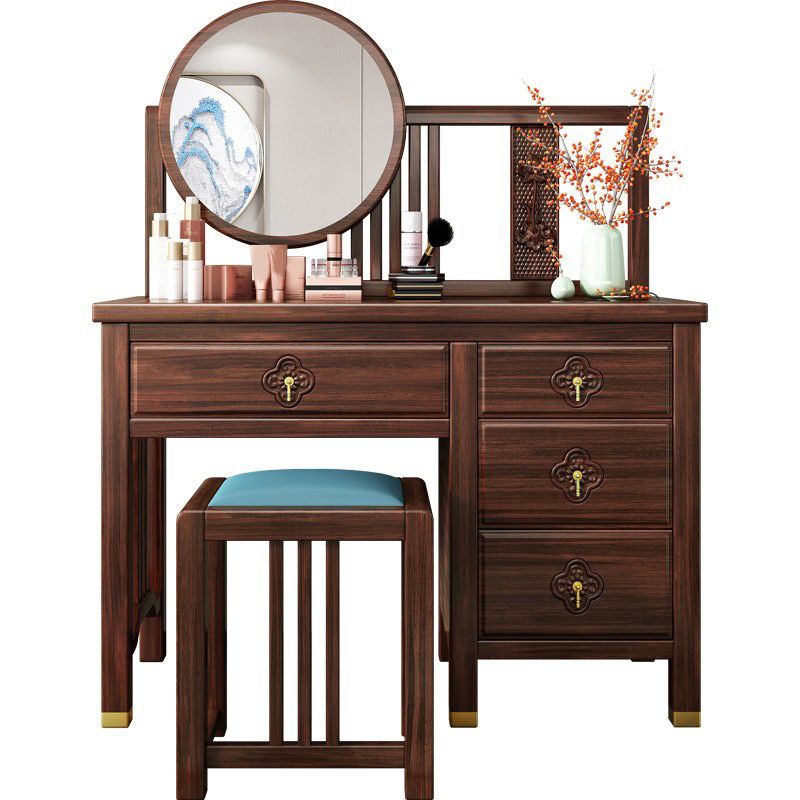 Traditional 4-Drawer Brown Solid Wood Dressing Table with Mirror Makeup Vanity Stool