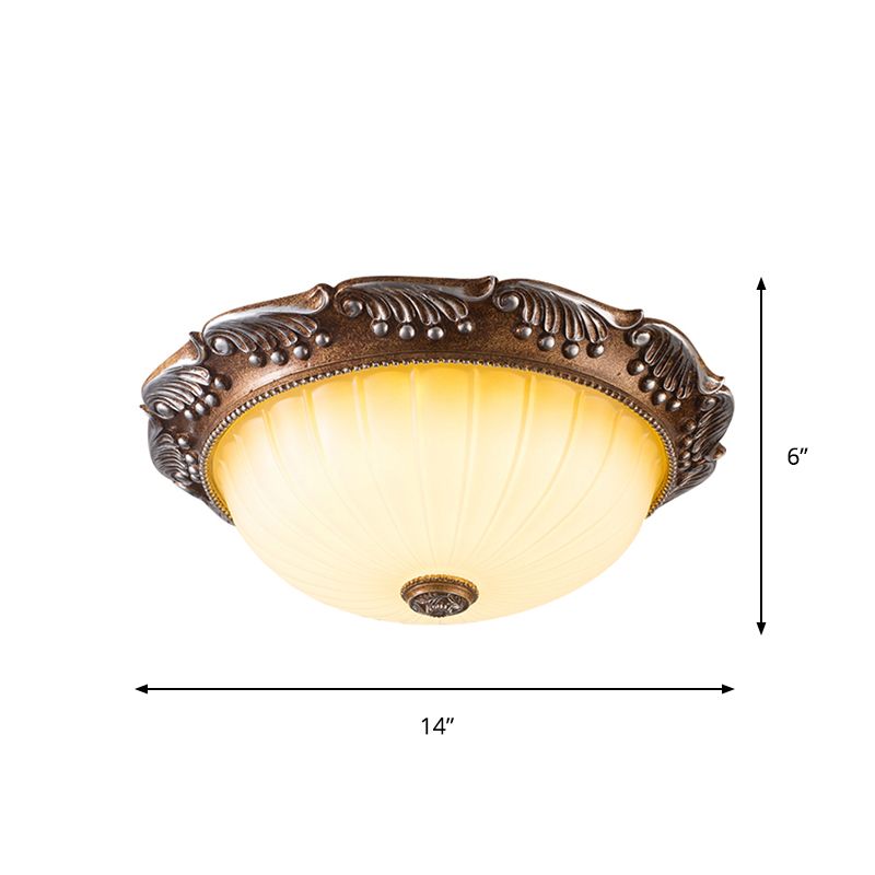 Brown 14"/16" W LED Ceiling Fixture Country Style Fluted Opal Glass Domed Flush Mount Lighting