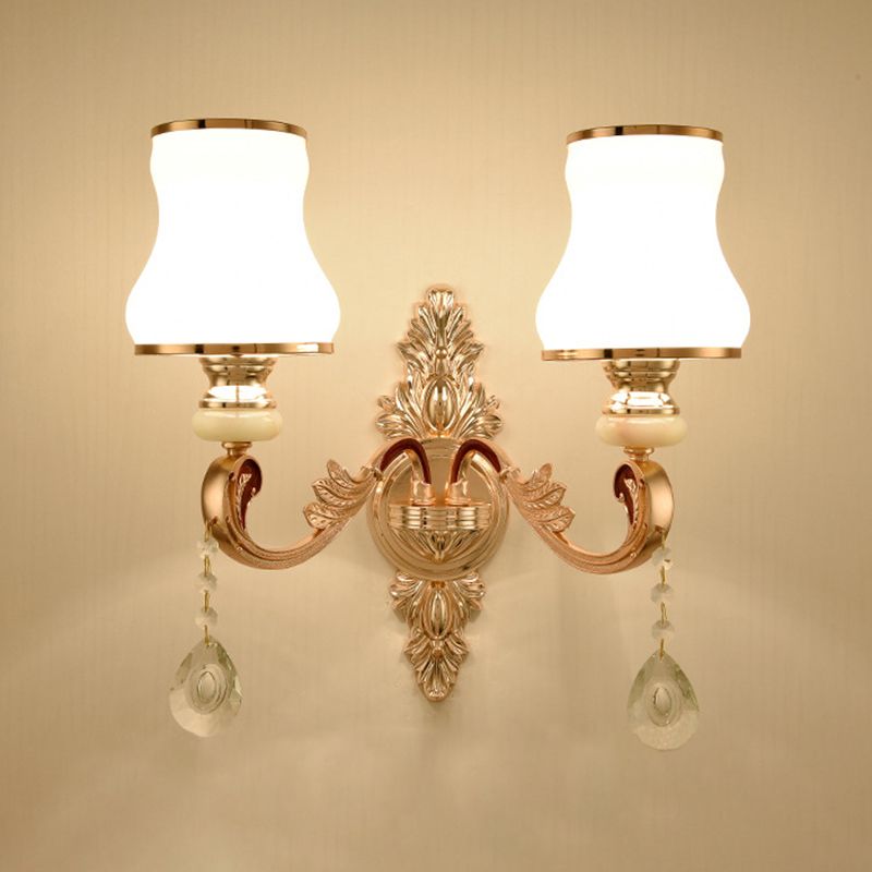 Gold Floral Wall Light Fixture Vintage Glass Living Room Wall Mounted Lamp with Crystal Accent
