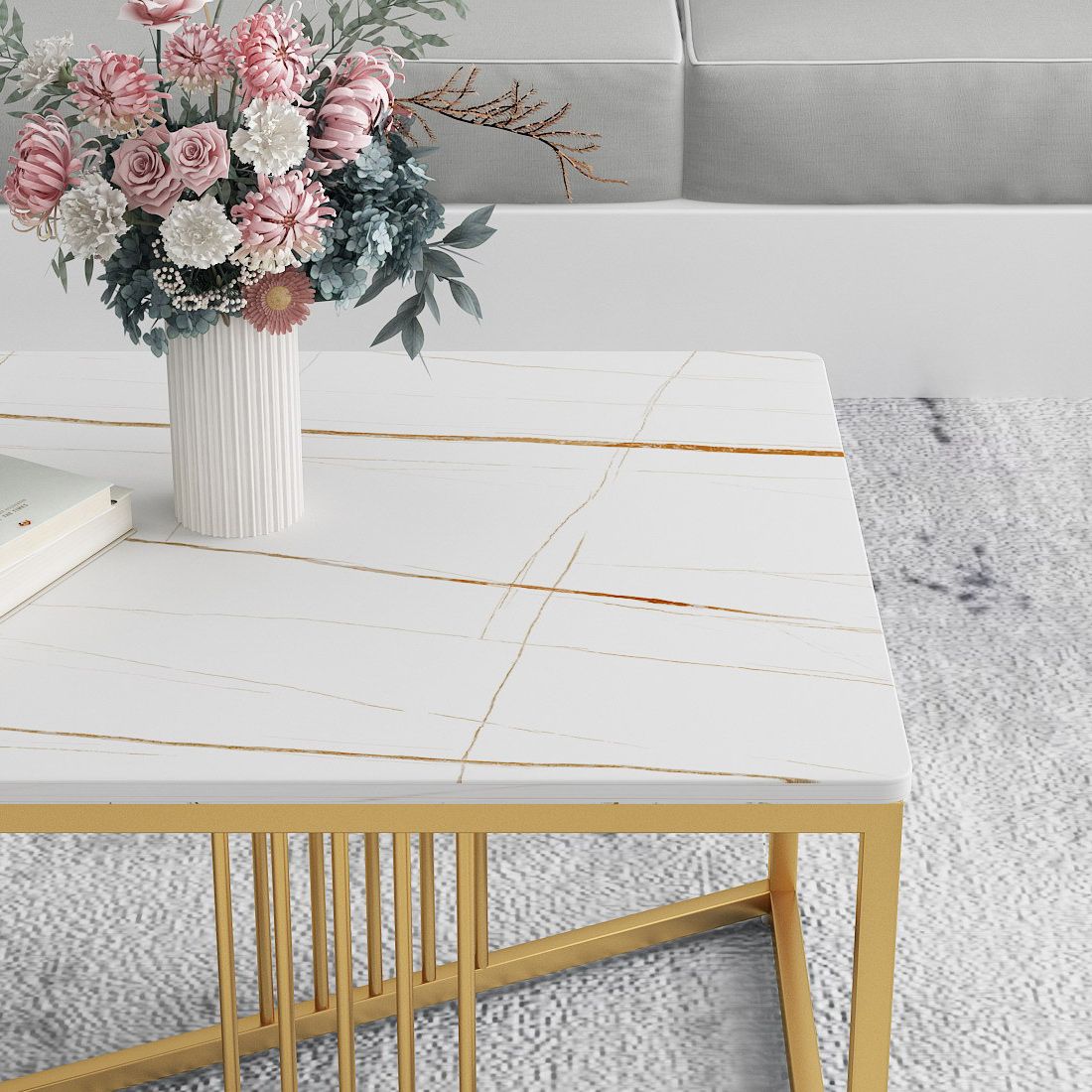 Glam Stone Top Cocktail Table with Golden Iron Cross Base in Rectangle