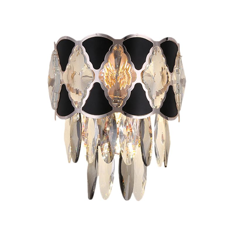 Clear 3 Bulbs Sconce Light Fixture Contemporary Crystal Oval Drops Tapered Flush Mount with Black Triangular Ornament