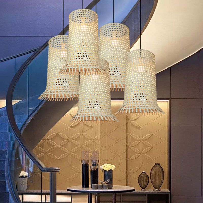 Bamboo Braided Cylindrical Ceiling Lamp Asian 1 Head Wood Hanging Pendant Light with Fringe Trim