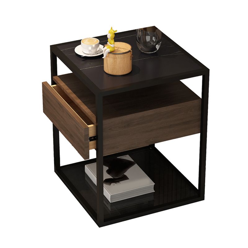 Square Glass/Stone Top End Table 21.26" Tall 1-Drawer Side Table with Storage Shelf
