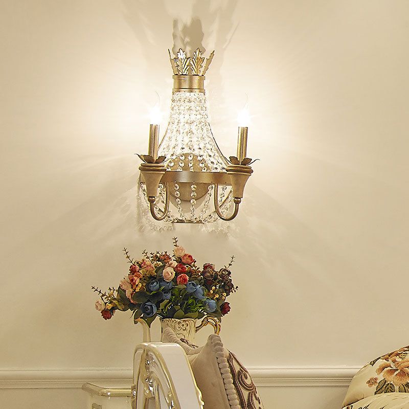 2 lichten Empire Wall Light Vintage Style Metalen wandlamp met heldere kristallen kraal in champagne -afwerking