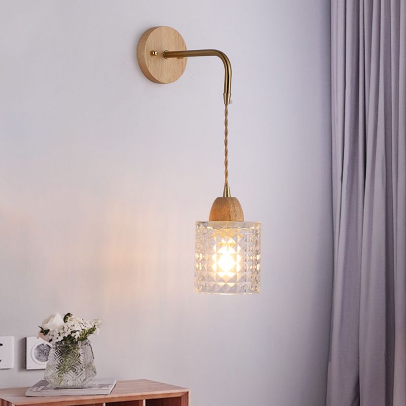 Modern Glass Wall Light Geometric Shape Wall Sconce with Wood for Living Room