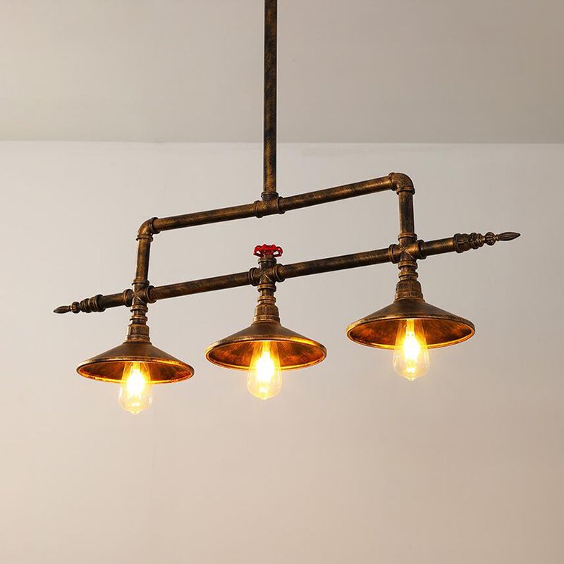 3 Lights Bell Shade Island Lighting Industrial Rust Iron Hanging Ceiling Lamp with Water Pipe Design