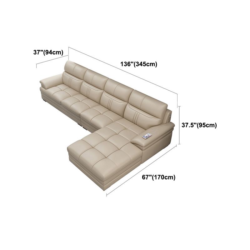 Contemporary Stationary Cream Genuine Leather Recessed Arm Sofa