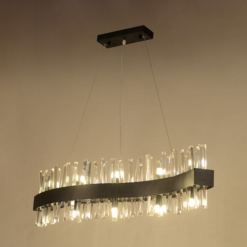 Traditional Wave Chandelier Lighting Fixture Crystal Block LED Pendant Ceiling Light in Black
