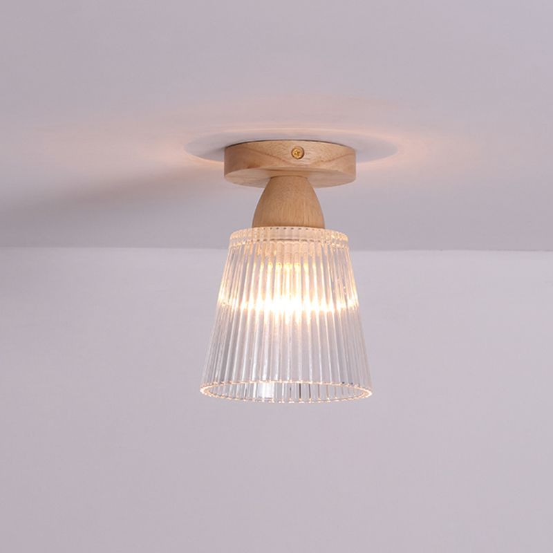 Simple 1-Light Ceiling Light Wooden Ceiling Mount Light with Glass Shade for Living Room
