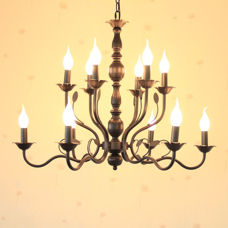 2-Layers Traditional Style Candlestick Styling Chandelier Black Wrought Iron Vintage Lighting Fixture for Living Room