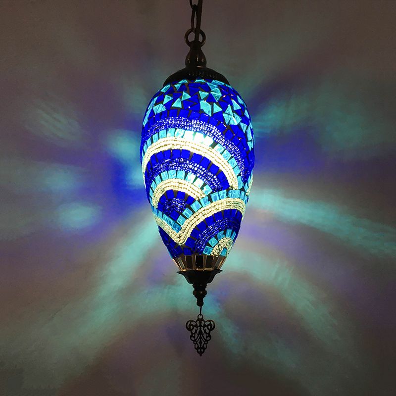 Traditional Urn Hanging Lamp Kit 1 Head Hand Cut Glass Pendant Lighting in Red/Yellow/Blue