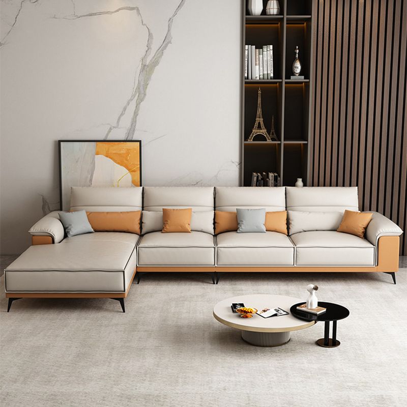 Pillow Top Arm Sectional Beige Faux Leather Sectional with Pillows