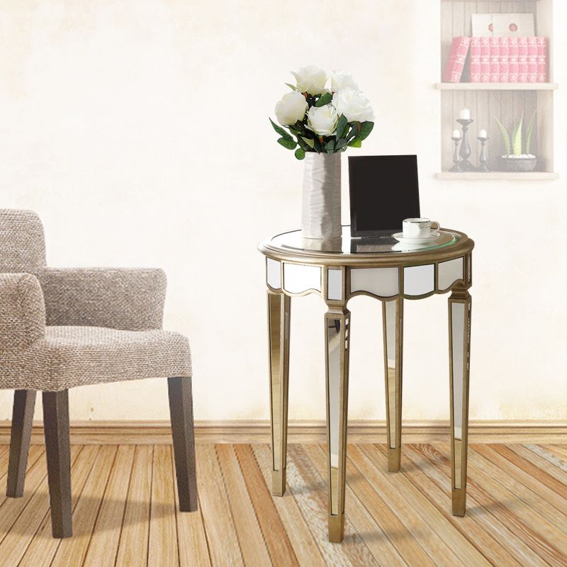 Round Glass Top Side End Table Modernistic Solid Wood 4 Legs End Table