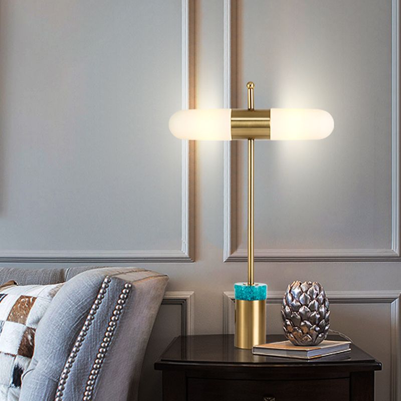Capsule Opal Glass Night Table Lamp Post Modern 2 Heads Gold Desk Light with Tube Metal and Marble Base for Bedside