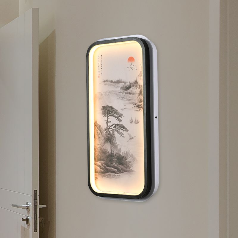 Oriental Rectangle Acrylic Pine Tree Mural Light LED Wall Lighting Idea in Black for Guest Room