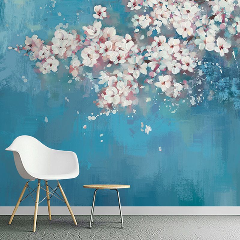 Full Size Cluster Flower Wall Mural Pink and Blue Non-Woven Fabric Wall Covering for Accent Wall, Custom Size Available
