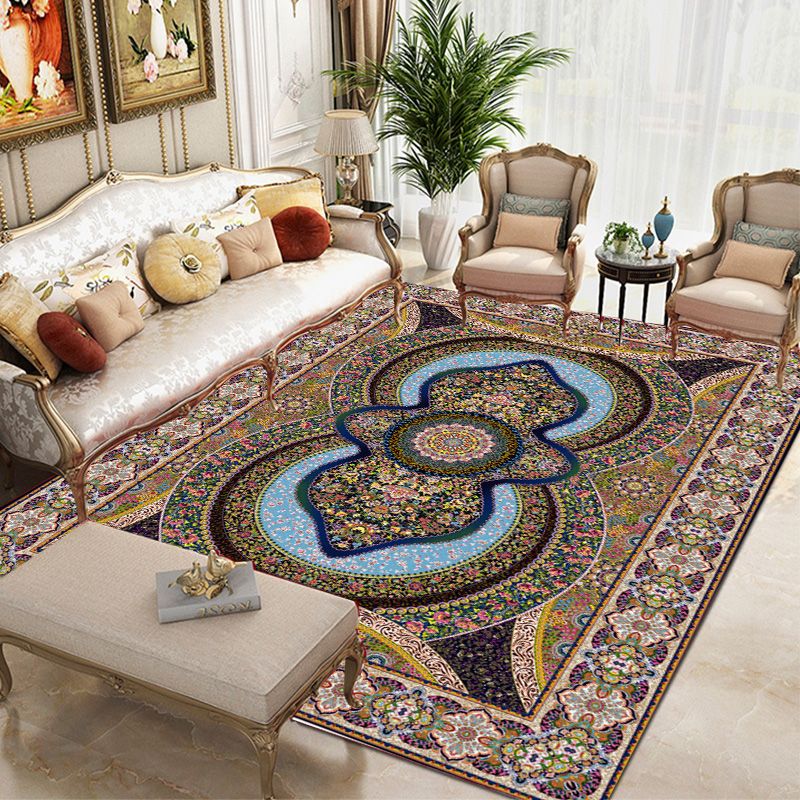 Tapis traditionnel vert Médaillon Médaillon Tapis lavable pour le salon