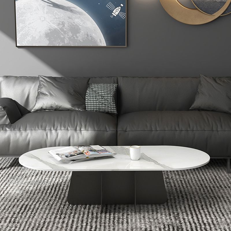 Glam Style Oval Coffee Table with Marble Top and Iron Base in Black
