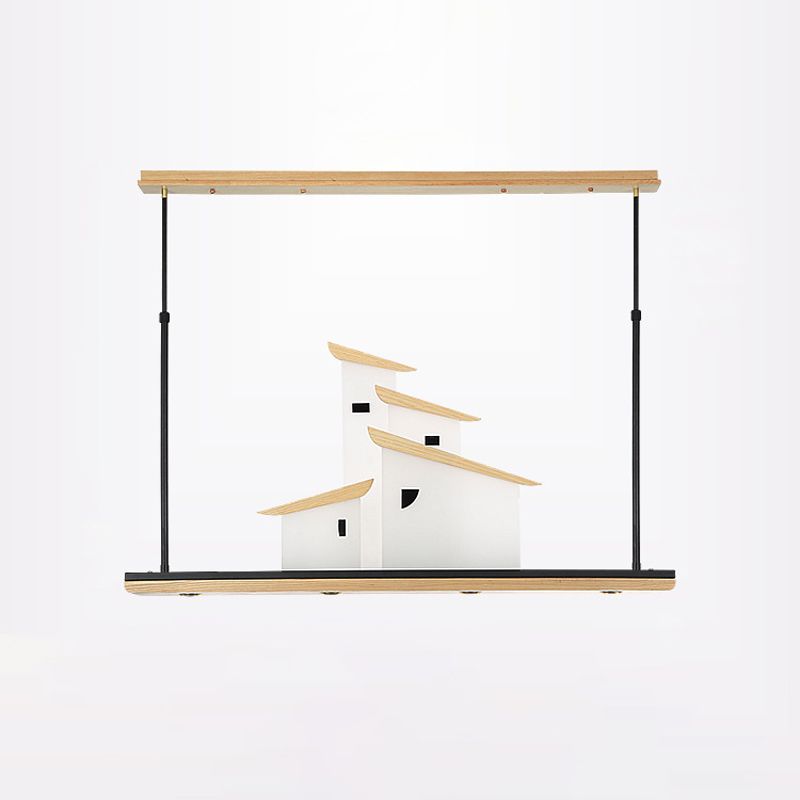 Art Deco House Island Pendant LED Metal Ceiling Light in White with Wood Bracket, Warm/White Light