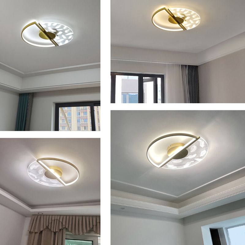 Gold Feather LED Flush Mount in Modern Creative Style Iron Circular Ceiling Light with Acrylic Shade
