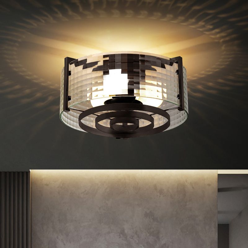 Clear Trellis/Stripe Glass Round Flushmount Modernist 3 Bulbs Bedroom Flush Mounted Light in Black