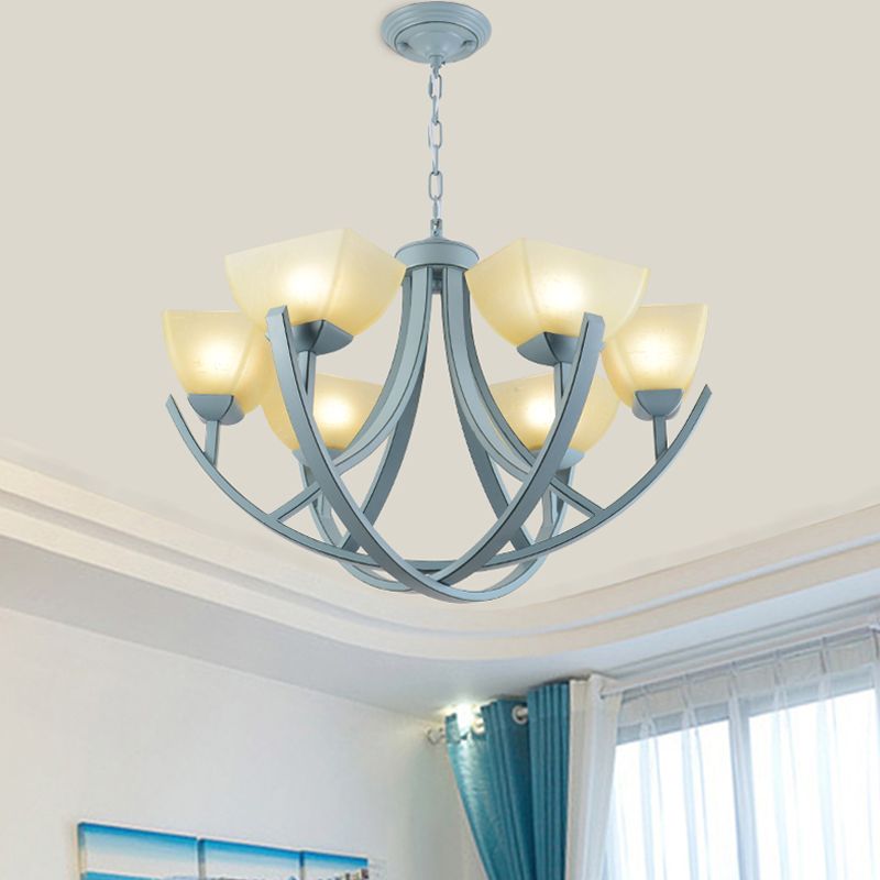 Frosted Glass Trapezoid Hanging Lamp Kit Simple 6-Head Chandelier Light Fixture with Curved Arm in Blue