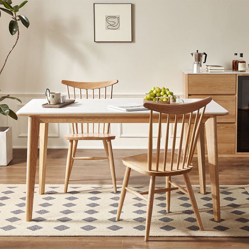 Modern Rectangular White Stone Top Dining Table with 4 Natural Oak Legs