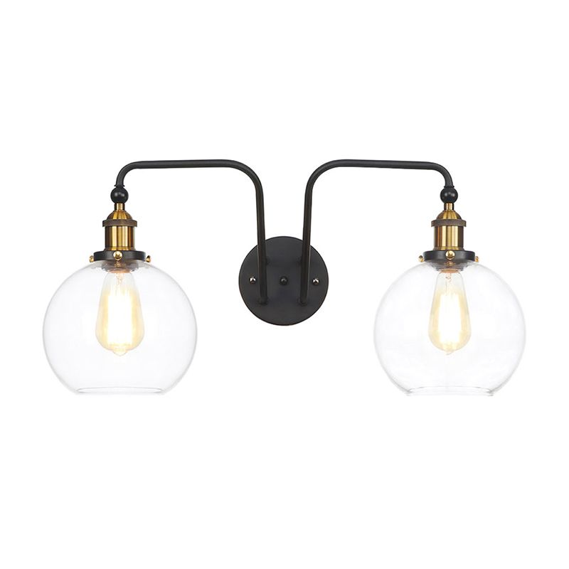 Black Globe/Bowl Sconce Lamp Industrial Style Clear Glass 2 Lights Dining Room Wall Lighting