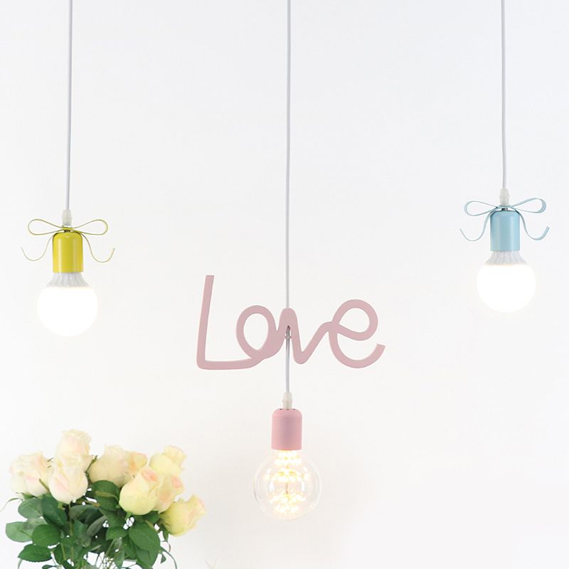 Bare Bulb Resin Cluster Pendant Macaroon 3-Light Red-Yellow-Blue Ceiling Light with Bow and Letter Design