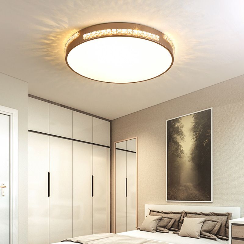 18"/21.5" W LED Bedroom Ceiling Light Fixture Simple Gold Flush Mount with Drum Crystal Shade in Warm/3 Color Light